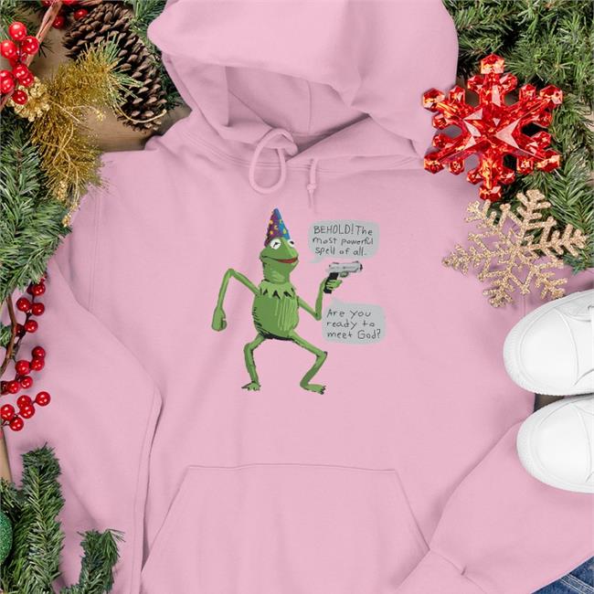 Shirts That Go Hard Funny Wizard Kermit Meme With Gun Behold The Most Powerful Spell Of All Are You Ready To Meet God Shirt