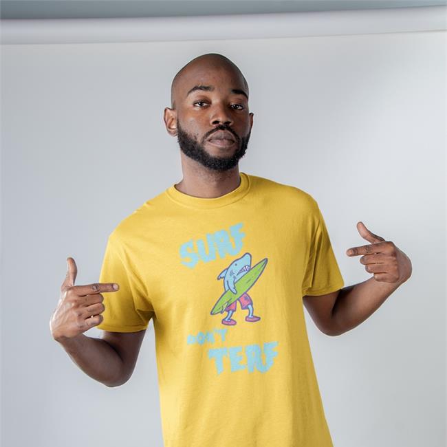 Surf Don’t Terf Shark Illustration Surf Board Surfer Cartoon Image Shirts MortuaryReport Gendereveal