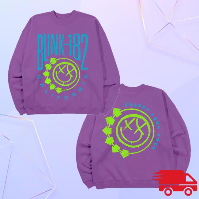 Official Blink 182 Merch Smiley Oversized Crewneck Sweatshirt - Purple