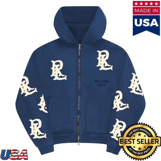 Official Rolling Loud Merch Store Shop Rolling Loud RL LA 25 Applique RLs Navy Zip Attractive Hoodie RollingLoud