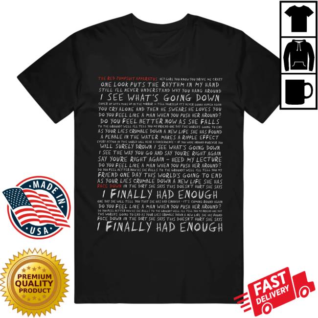 The Red Jumpsuit Apparatus Merch Face Down Lyric Black Tee Shirt