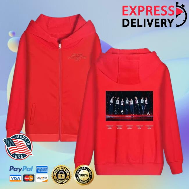 Official Stray Kids Merch Store Stray Kids 2023 5-Star Dome Tour Schedule Crewneck Sweatshirt Red StrayKids Shop