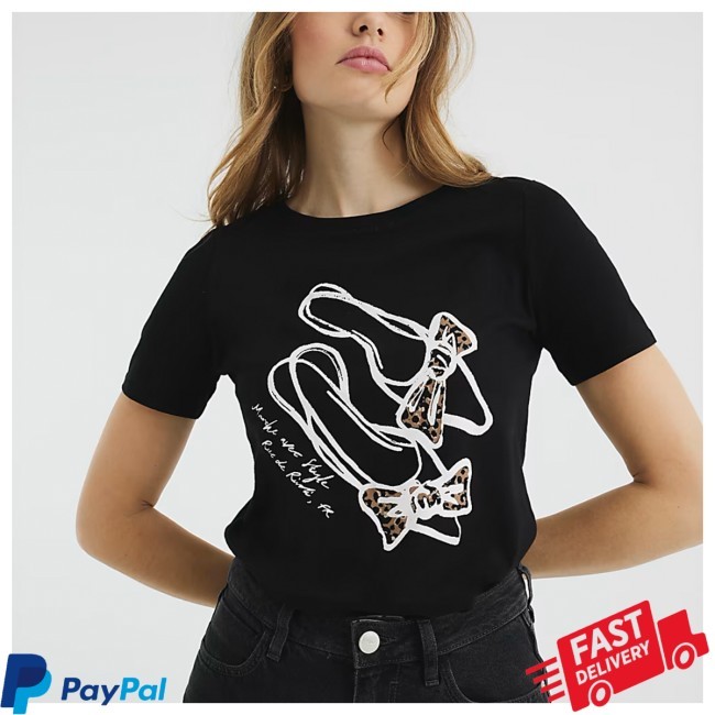 Black Short Sleeve Leopard Bow Heel New Shirt