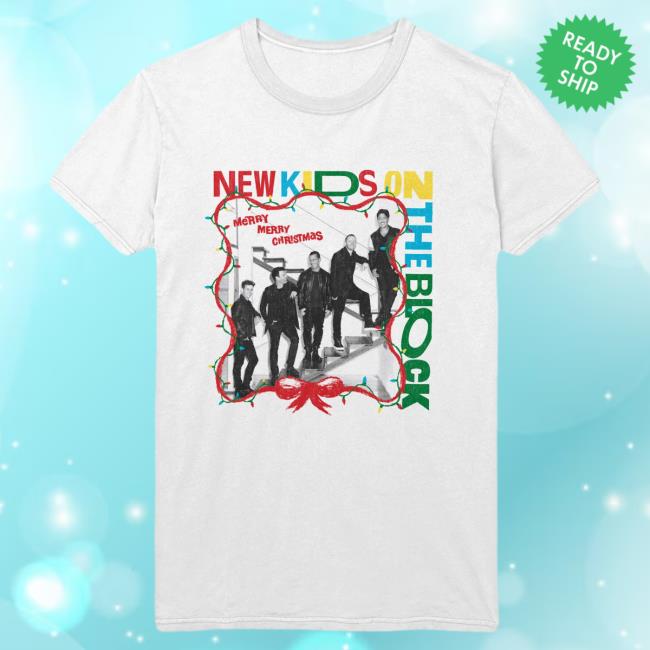 Official Merch Bar New Kids On The Block Store Nkotb Holiday Staircase Photo Pullover Hoodie White MerchBar NewKidsOnTheBlock