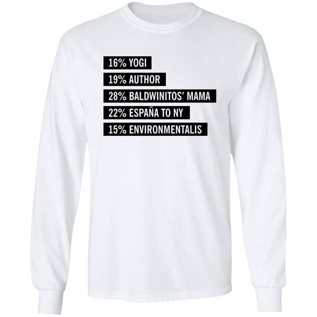 Lynn Hilary 16% Yogi 19% Author 28% Baldwinitos Mama 22% España To Ny 15% Environmentalist Shirt Lynn Hilary 16% Yogi 19% Author 28% Baldwinitos Mama 22% España To Ny 15% Environmentalist Shirt