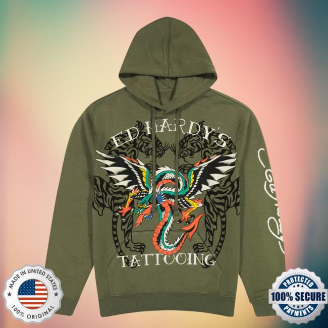 Official Ed Hardy Merch Store Dragon Wings Olive Hoodie EdHardy Apparel Clothing Shop
