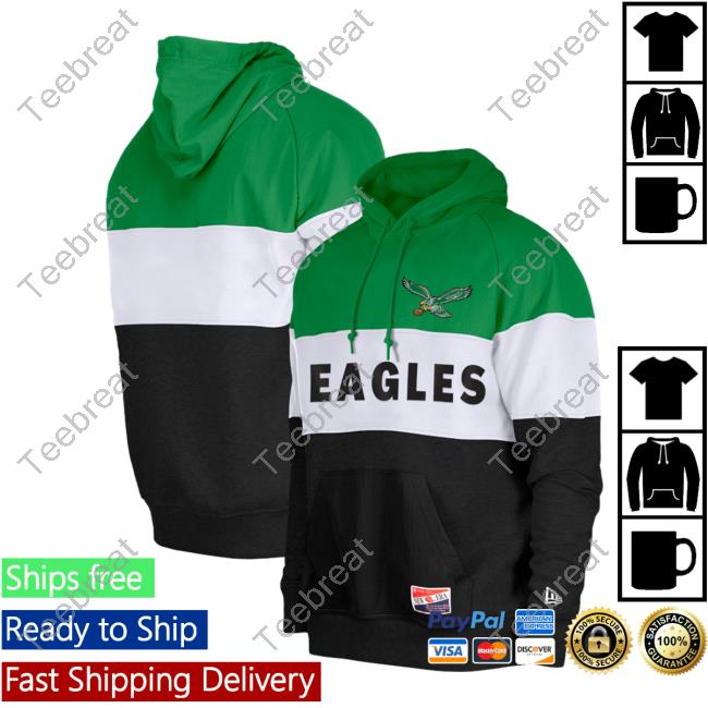 Official PhiladelphiaEagles Clothing Merch Store Shop New Era Kelly Green Philadelphia Eagles Big & Tall Throwback Colorblock Crew neck Sweatshirt