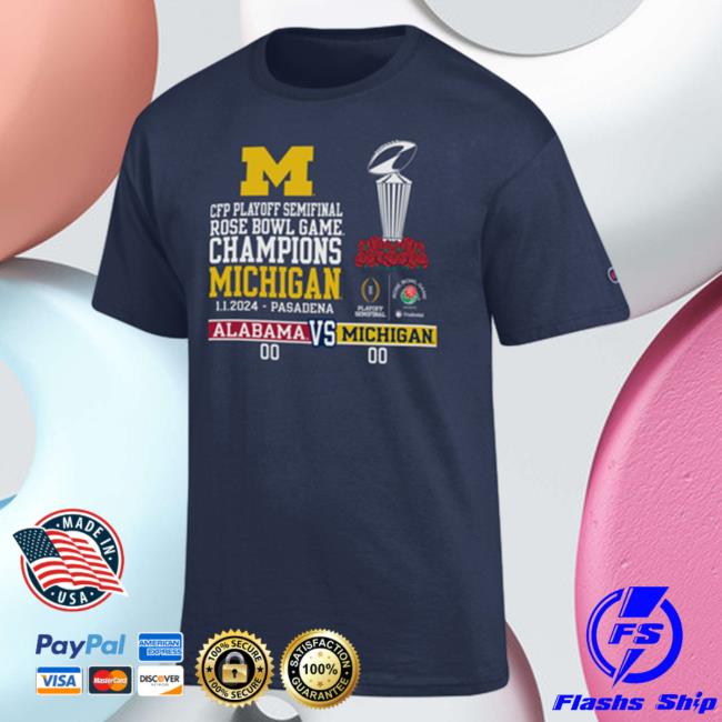 Official Mden Merch Store The M Den Michigan Rose Bowl Champion University Of Michigan Football 2024 Rose Bowl Game Champions W/ Score Navy Top Shirt Mden Apparel