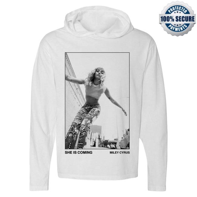 Official Merch Bar Miley Cyrus Merch Store She Is Coming Photo Crewneck White MerchBar MileyCyrus Apparel Clothing Shop