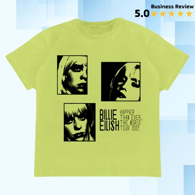 Official Interscope Records BillieEilish Merch Clothing Store Billie Eilish Happier Than Ever The World Tour 2022 Montage Lime Hot Shirt