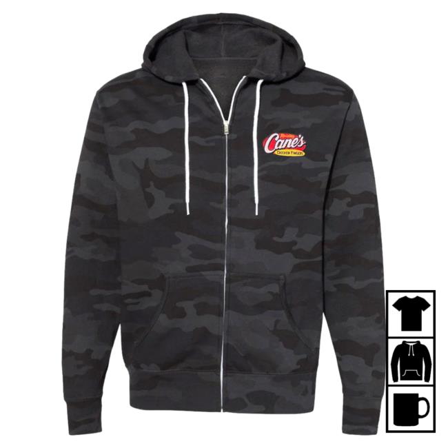 Official Canes Merch Store Raising Cane's Gear Full Zip Camo Sweater Black Camo Canes Apparel Clothing Shop