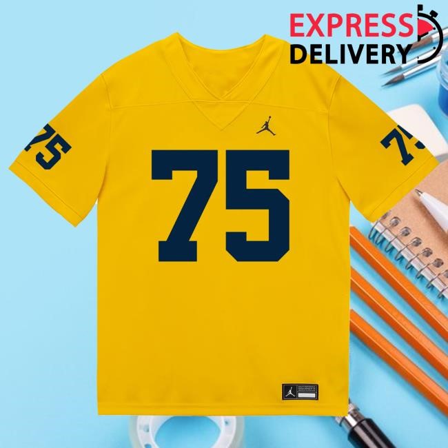 The M Den Michigan Wolverines #75 Kaden Strayhorn Student Athlete Maize Football Jersey Top Shirt