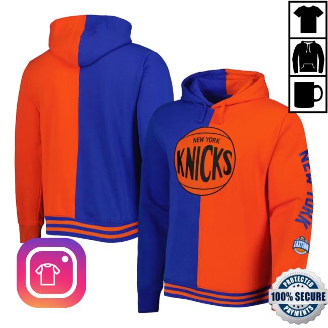 Official New York Knicks Mitchell & Ness Blue/Orange Big & Tall Hardwood Classics Split Pullover Sweatshirt